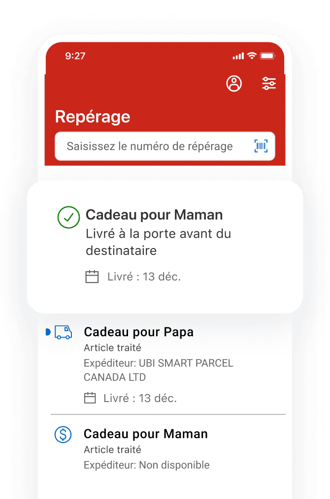 Image d’un téléphone cellulaire avec des explications sur la façon de repérer un colis avec Postes Canada et de sauvegarder les renseignements sur votre appareil.