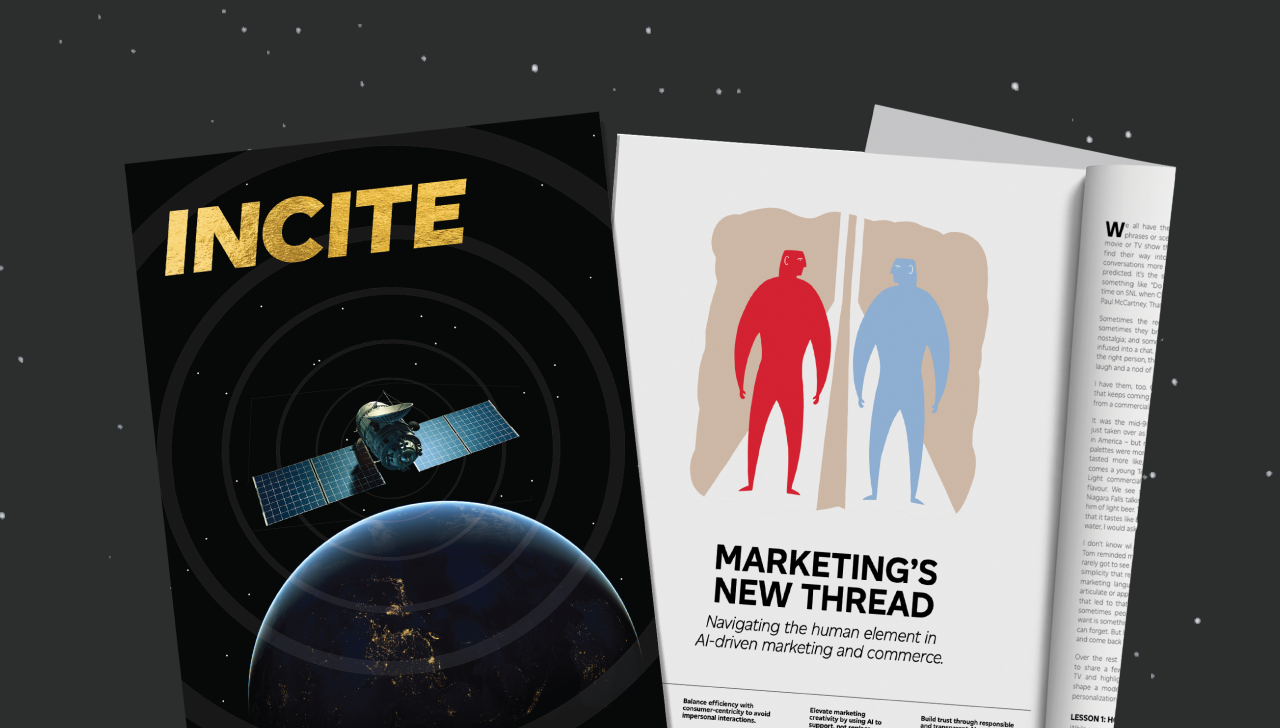The cover of the technology issue of “incite” magazine features a satellite in orbit communicating with Earth.
