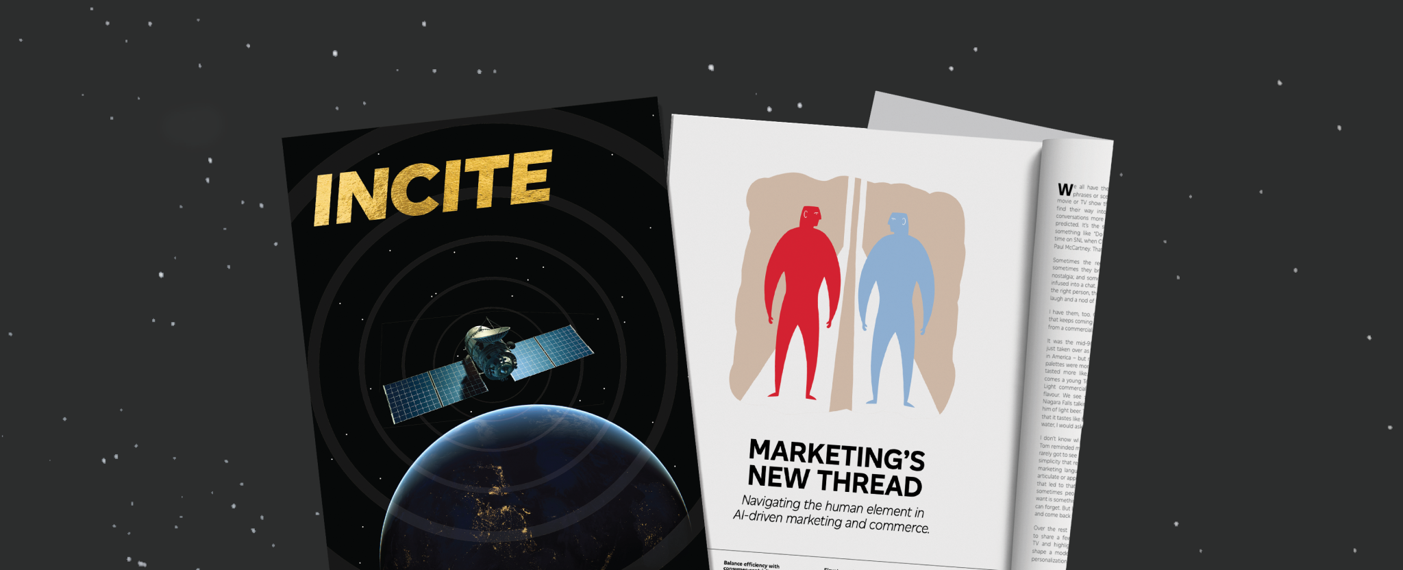 The cover of the technology issue of “incite” magazine features a satellite in orbit communicating with Earth.