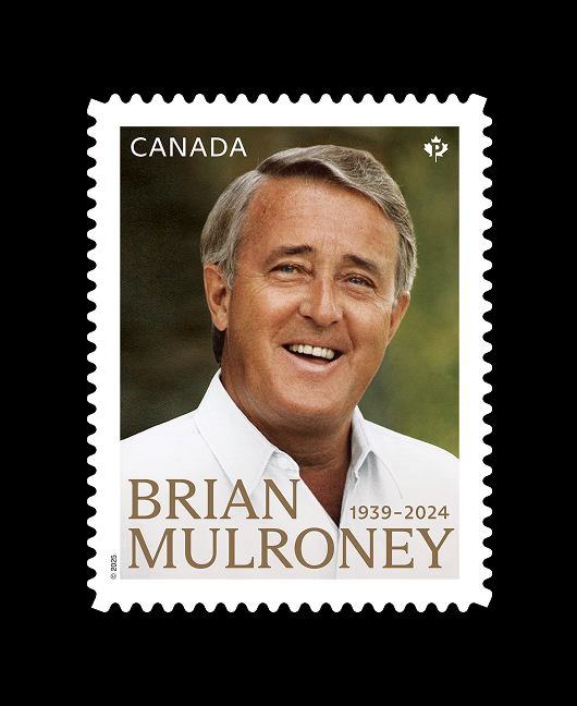 This stamp pays tribute to The Right Honourable Brian Mulroney (1939-2024), Canada’s 18th prime minister.  A portrait photograph with gold accents.