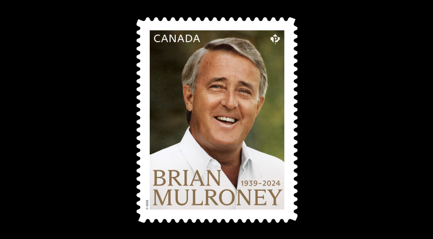 This stamp pays tribute to The Right Honourable Brian Mulroney (1939-2024), Canada’s 18th prime minister.  A portrait photograph with gold accents.