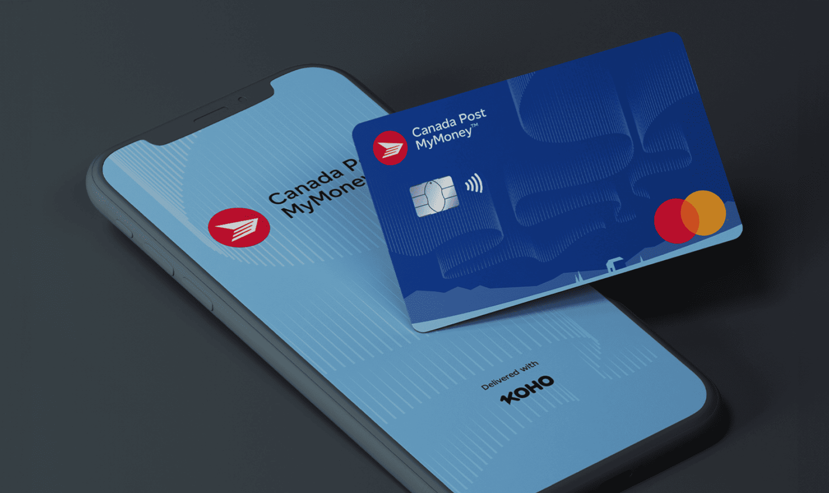 The Canada Post MyMoney card sits on a smartphone screen. The screen says “Canada Post MyMoney, delivered with KOHO”.