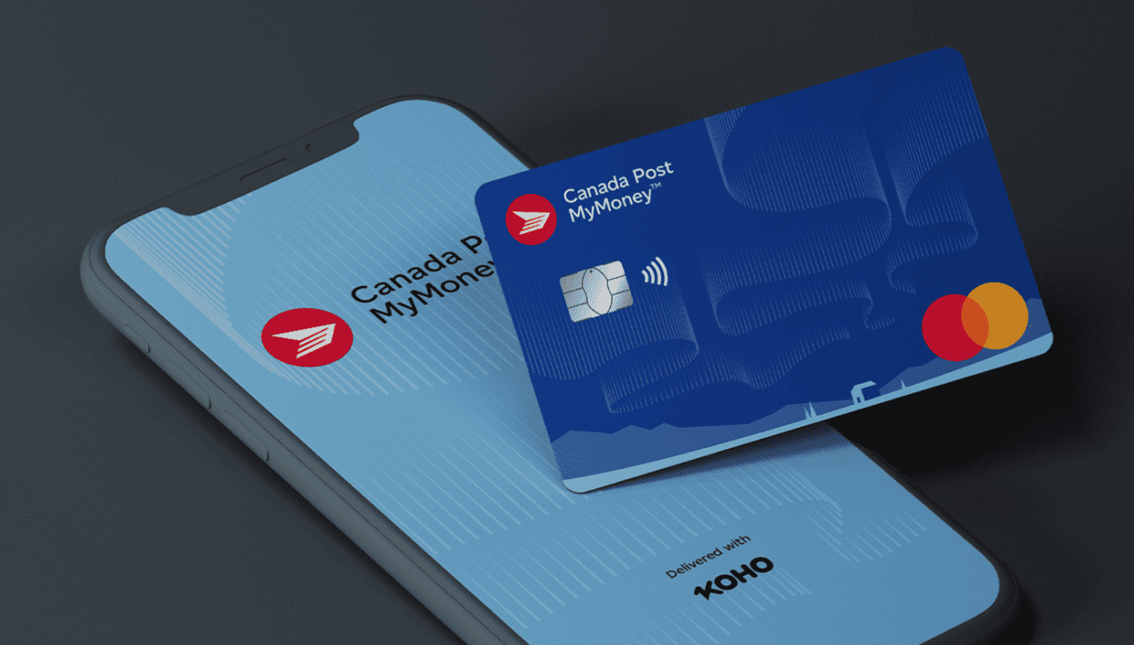 The Canada Post MyMoney card sits on a smartphone screen. The screen says “Canada Post MyMoney, delivered with KOHO”.