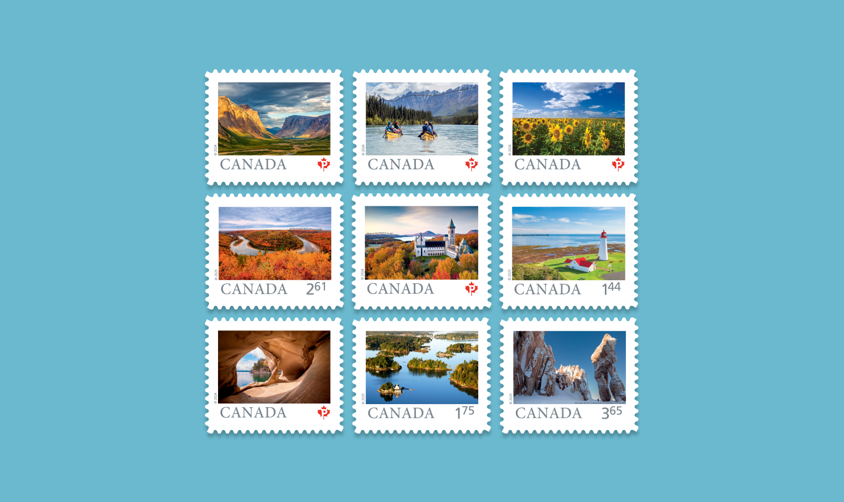 The 9 stamps of the “From Far and Wide” series celebrate the beauty and diversity of Canada’s natural and cultural landscapes.