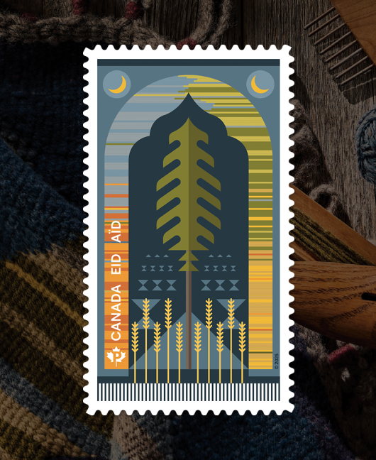 Eid stamp illustration by Métis designer Kit Craven depicts Alberta’s landscapes and seasons, and centres around an archway and a lodgepole pine.