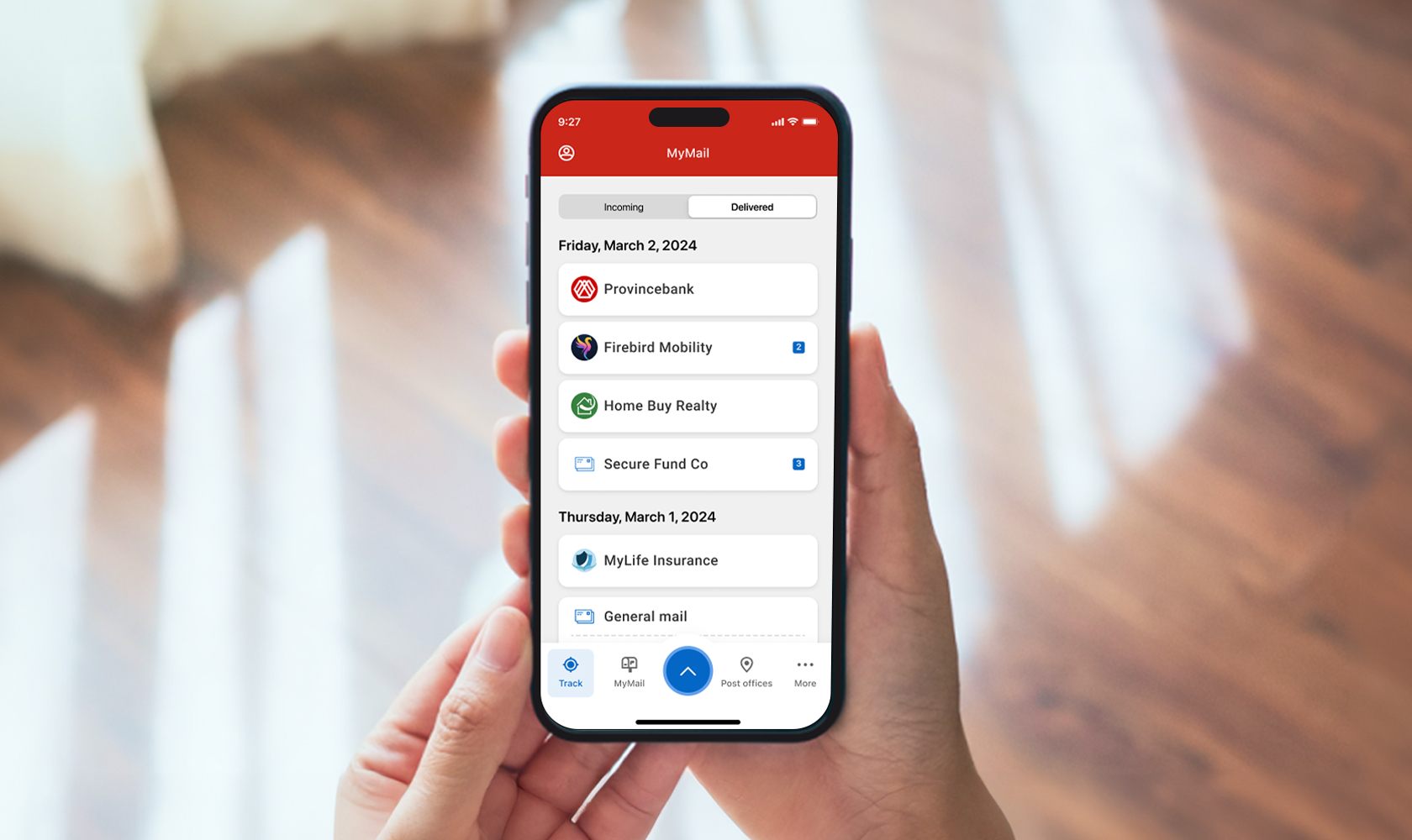 A cell phone screen displays the MyMail page of the Canada Post app. The header tabs show options for “Incoming” and “Delivered” mail. 