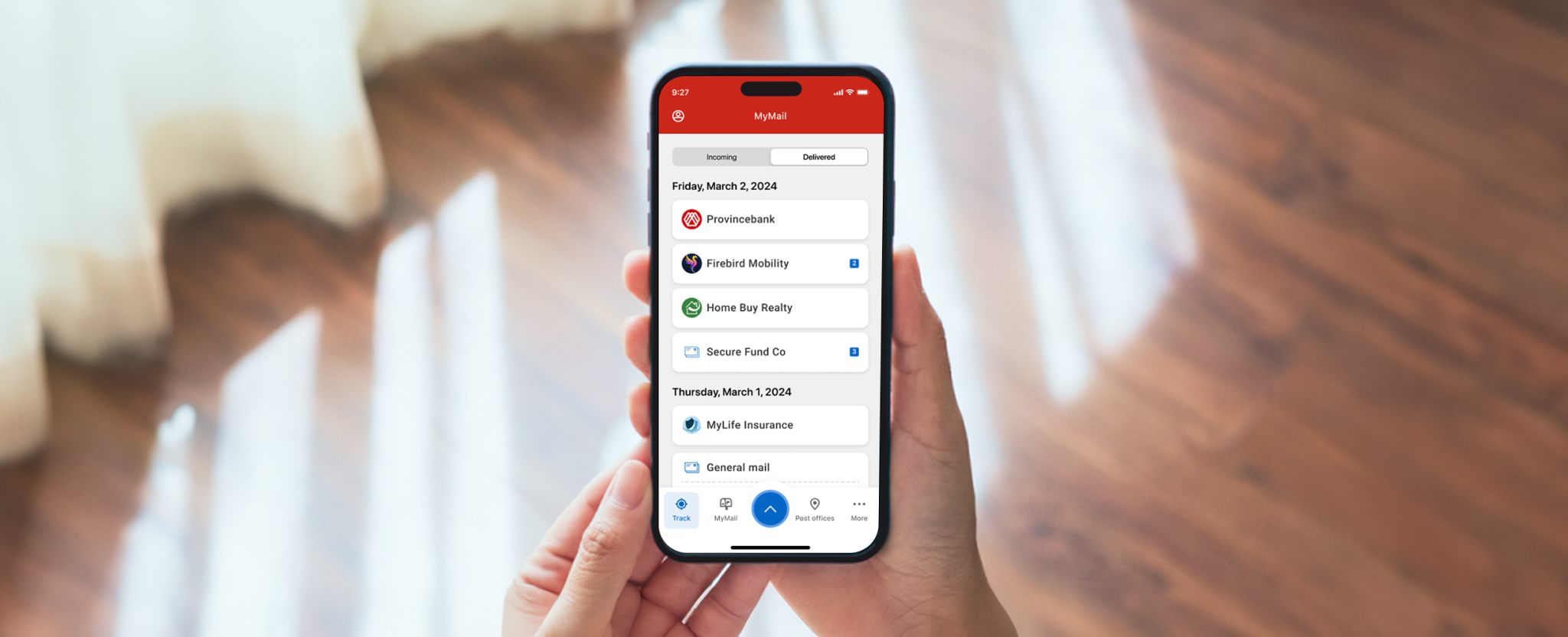 A cell phone screen displays the MyMail page of the Canada Post app. The header tabs show options for “Incoming” and “Delivered” mail. 
