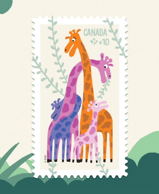 The 2025 Community Foundation stamp features an illustration of giraffes caring for their young.