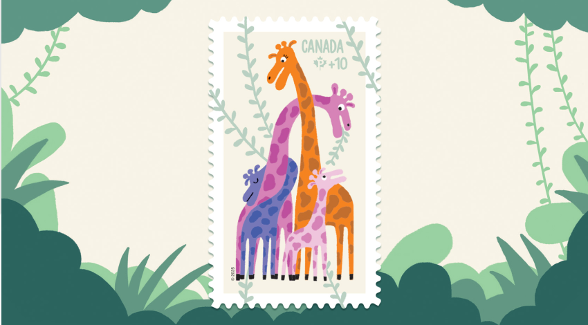 The 2025 Community Foundation stamp features an illustration of giraffes caring for their young.