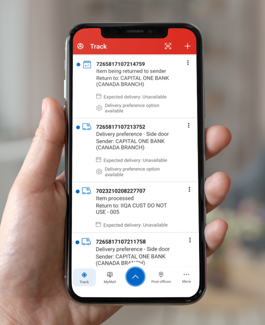 A smartphone screen displays the Track page of the Canada Post app. 