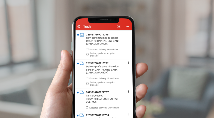 A smartphone screen displays the Track page of the Canada Post app. 