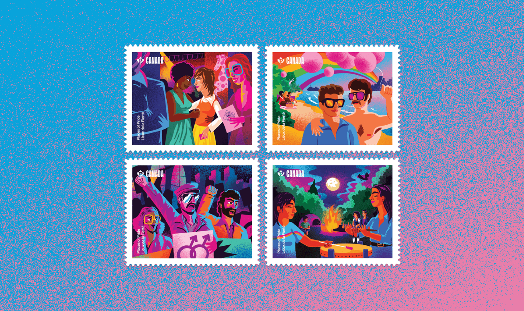 Each Places of Pride stamp captures a landmark in rich colour illustration at a moment that played a role in advancing 2SLGBTQIA+ rights or recognition.