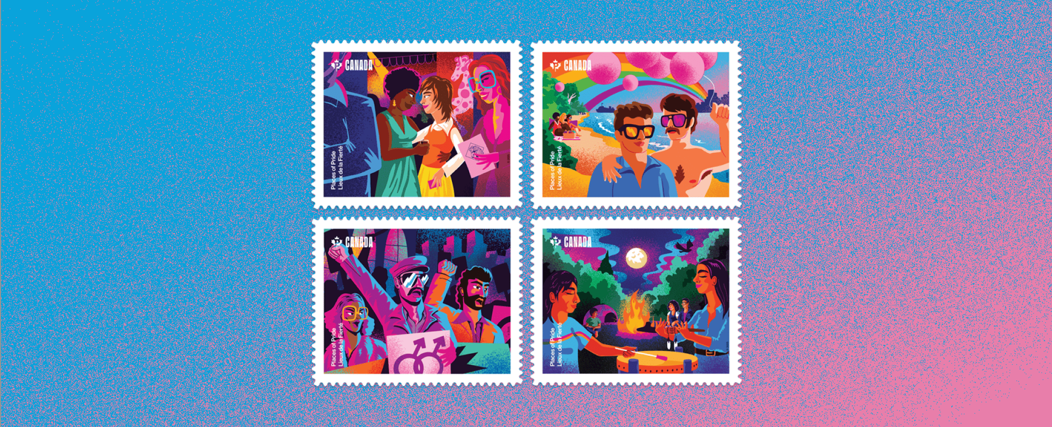 Each Places of Pride stamp captures a landmark in rich colour illustration at a moment that played a role in advancing 2SLGBTQIA+ rights or recognition.