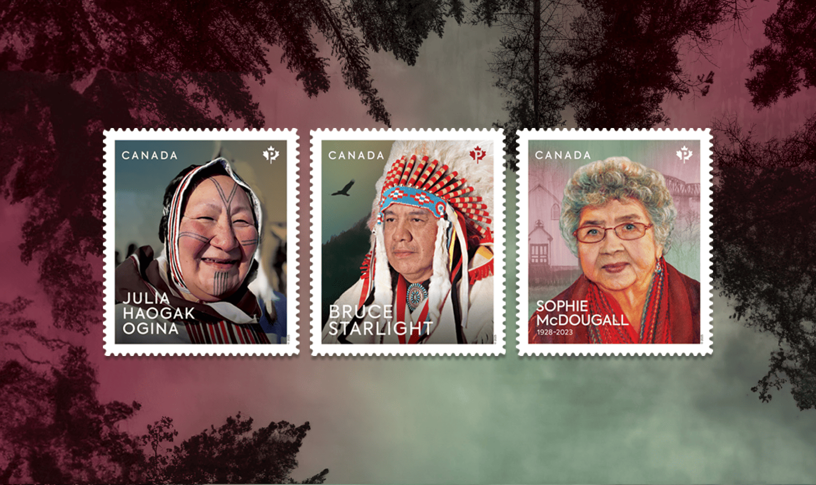 The fourth set of Indigenous Leaders stamps includes three stamps featuring portraits of Julia Haogak Ogina, Bruce Starlight and Sophie McDougall.