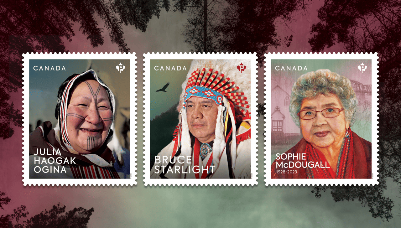 The fourth set of Indigenous Leaders stamps includes three stamps featuring portraits of Julia Haogak Ogina, Bruce Starlight and Sophie McDougall.
