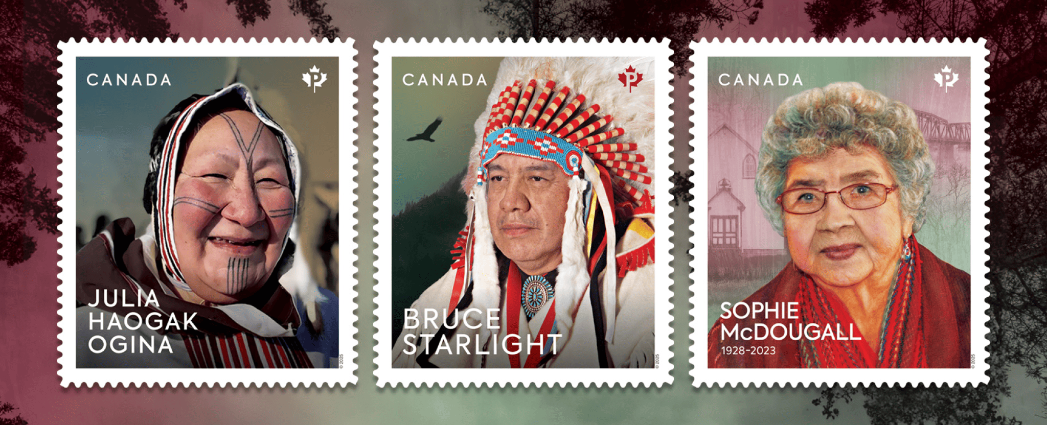 The fourth set of Indigenous Leaders stamps includes three stamps featuring portraits of Julia Haogak Ogina, Bruce Starlight and Sophie McDougall.