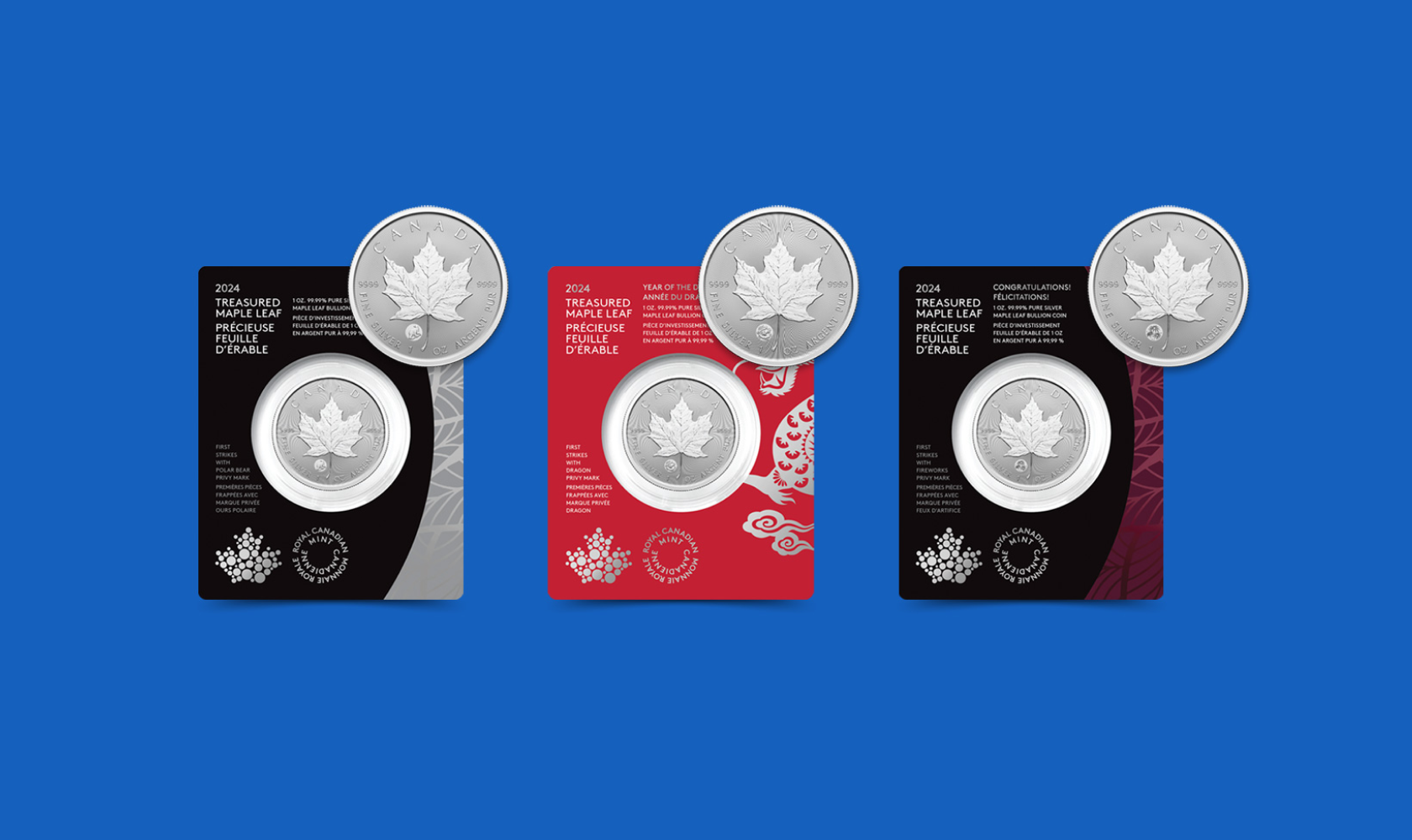 Three 2024 Treasured Maple Leaf pure silver bullion coins shown in packaging.