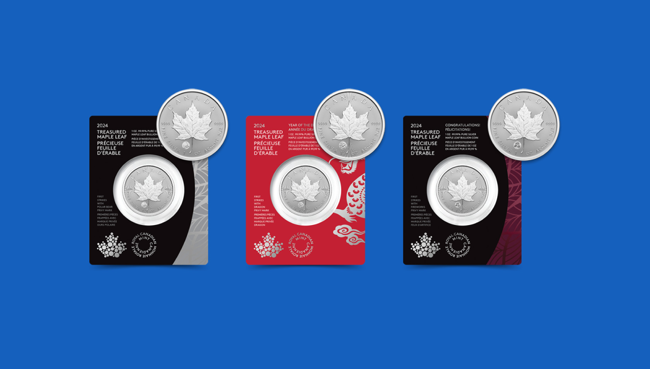 Three 2024 Treasured Maple Leaf pure silver bullion coins shown in packaging.