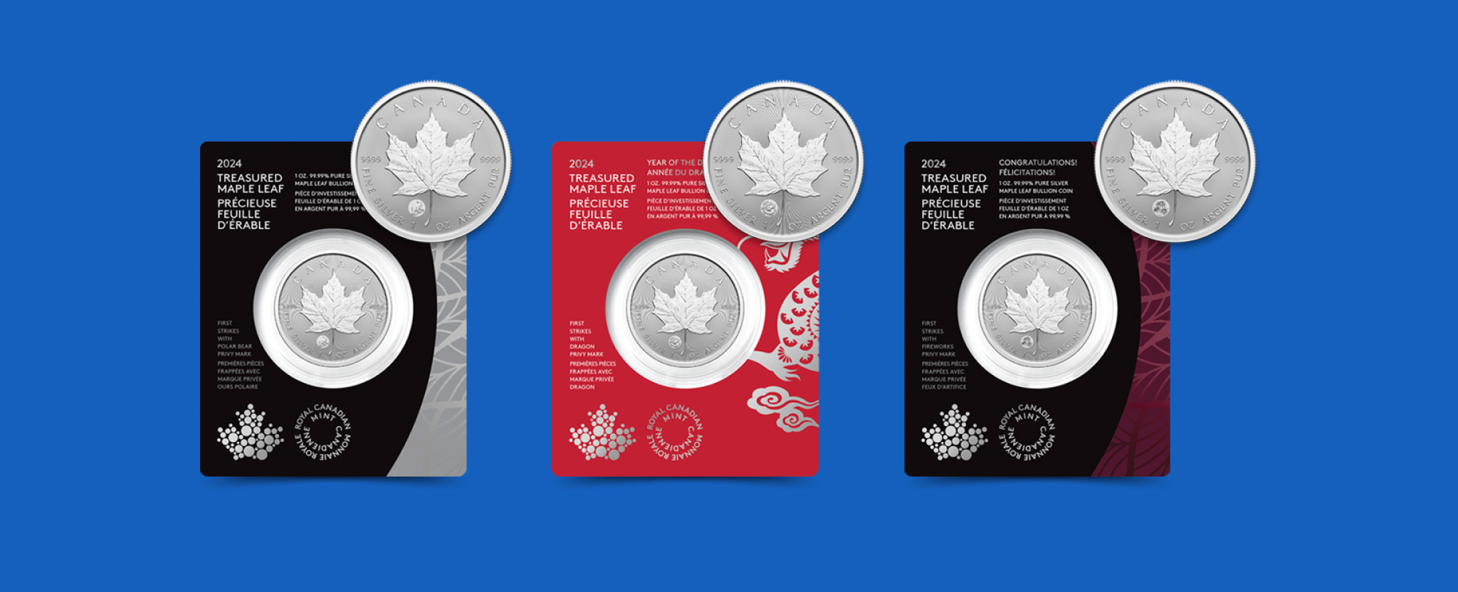 Three 2024 Treasured Maple Leaf pure silver bullion coins shown in packaging.