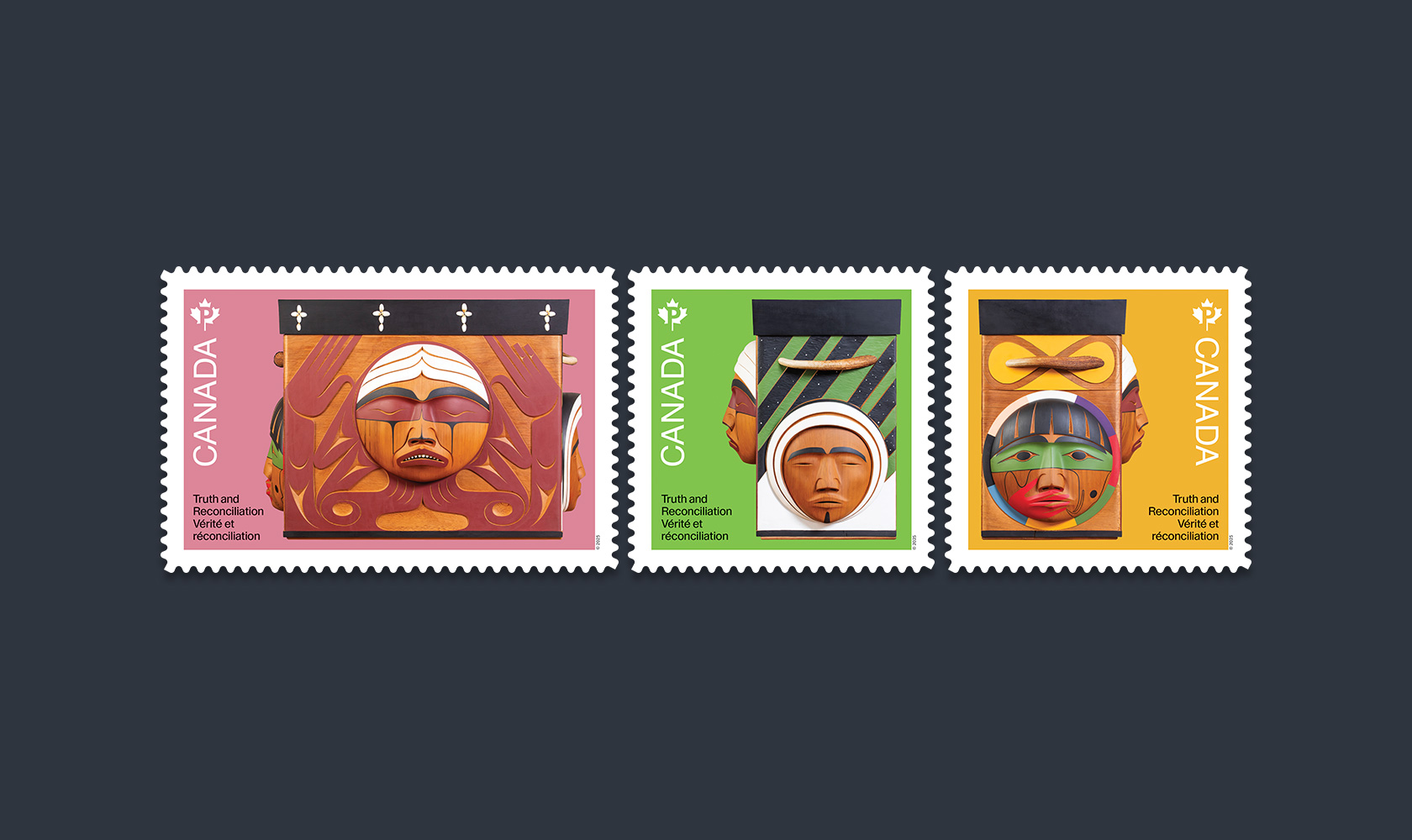 Each of the three stamps features a different side of the Bentwood Box that represents the distinct    cultures of First Nations, Inuit and Métis children who attended residential schools.