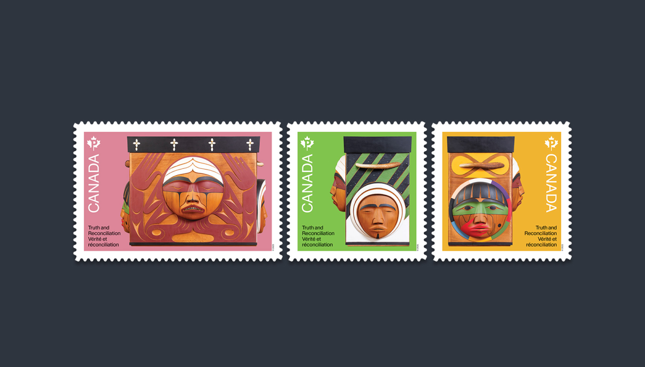 Each of the three stamps features a different side of the Bentwood Box that represents the distinct    cultures of First Nations, Inuit and Métis children who attended residential schools.