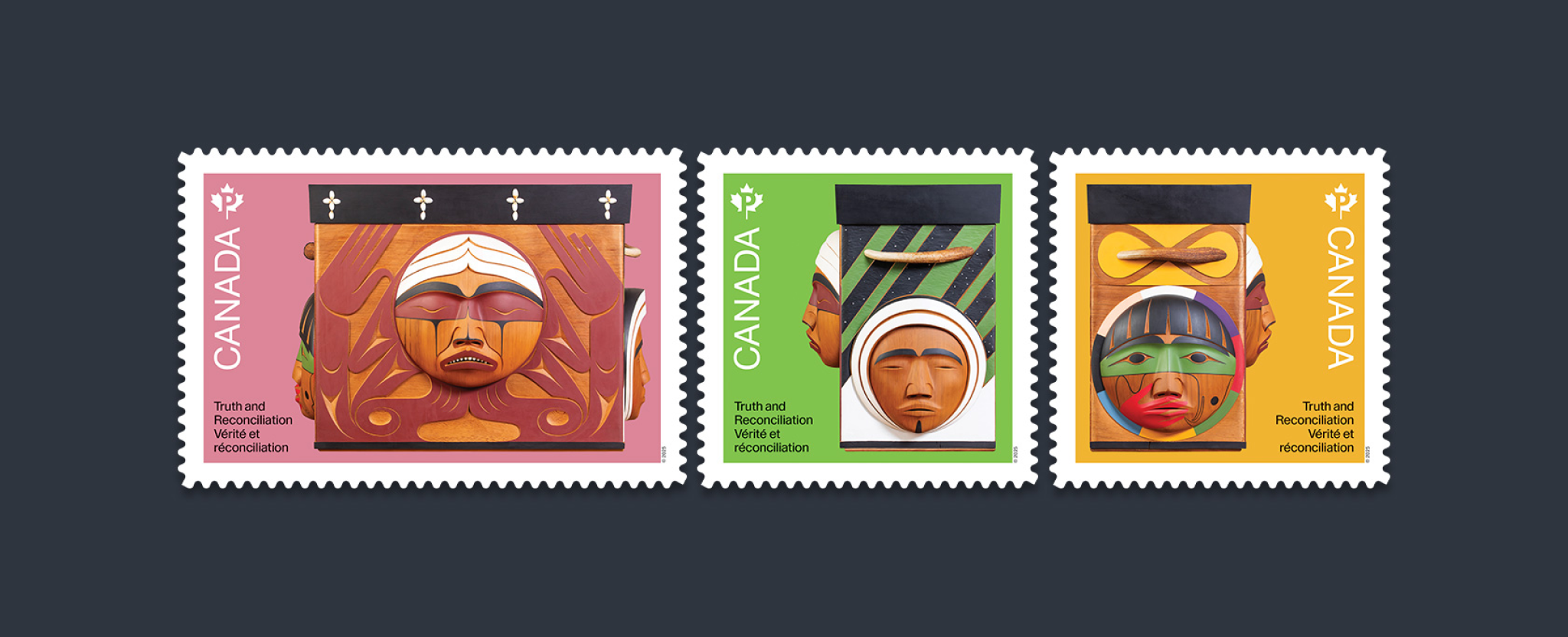 Each of the three stamps features a different side of the Bentwood Box that represents the distinct    cultures of First Nations, Inuit and Métis children who attended residential schools.