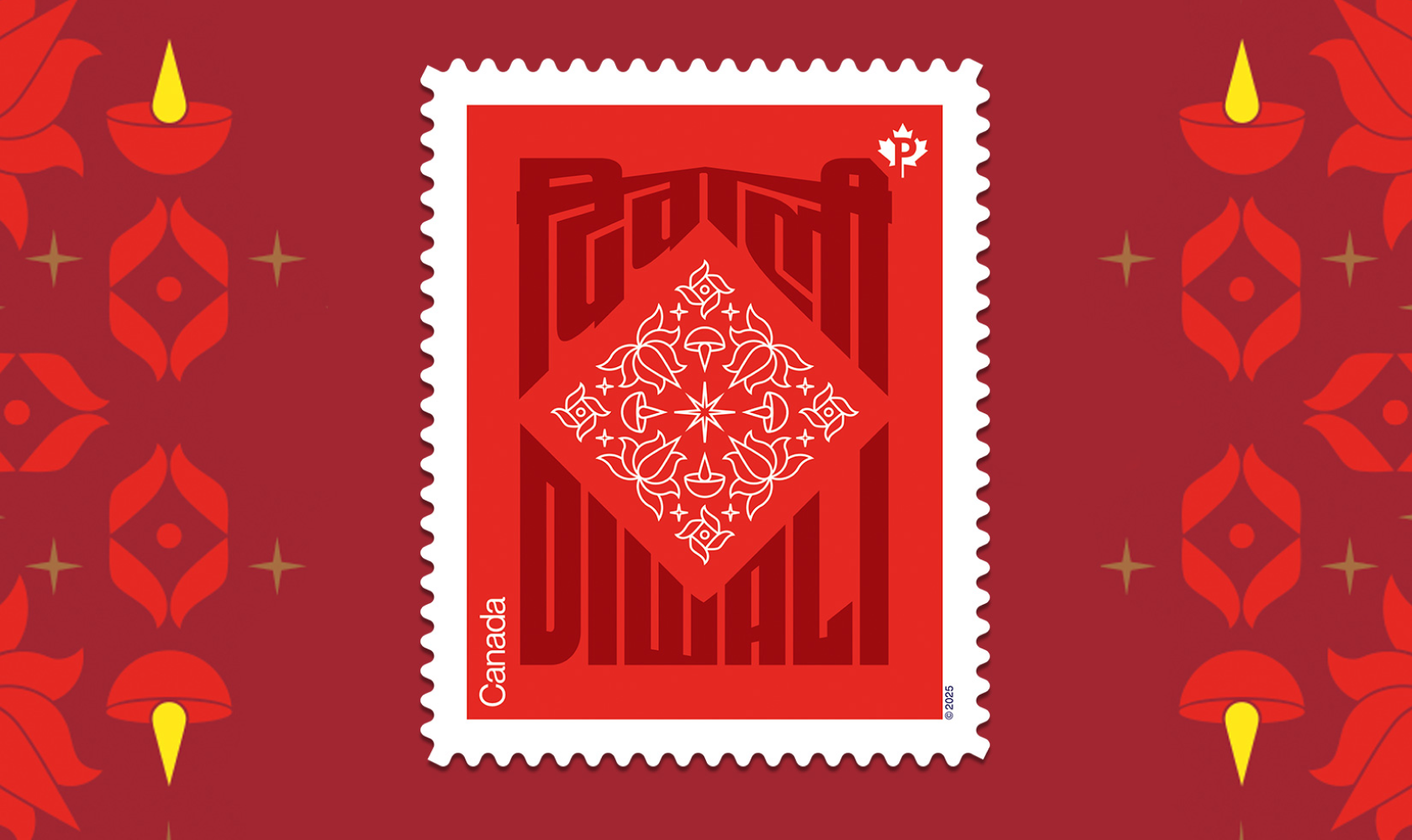 The red Diwali stamp features a Rangoli pattern in its centre and the word “Diwali” written in Hindi (above) and English (below). 