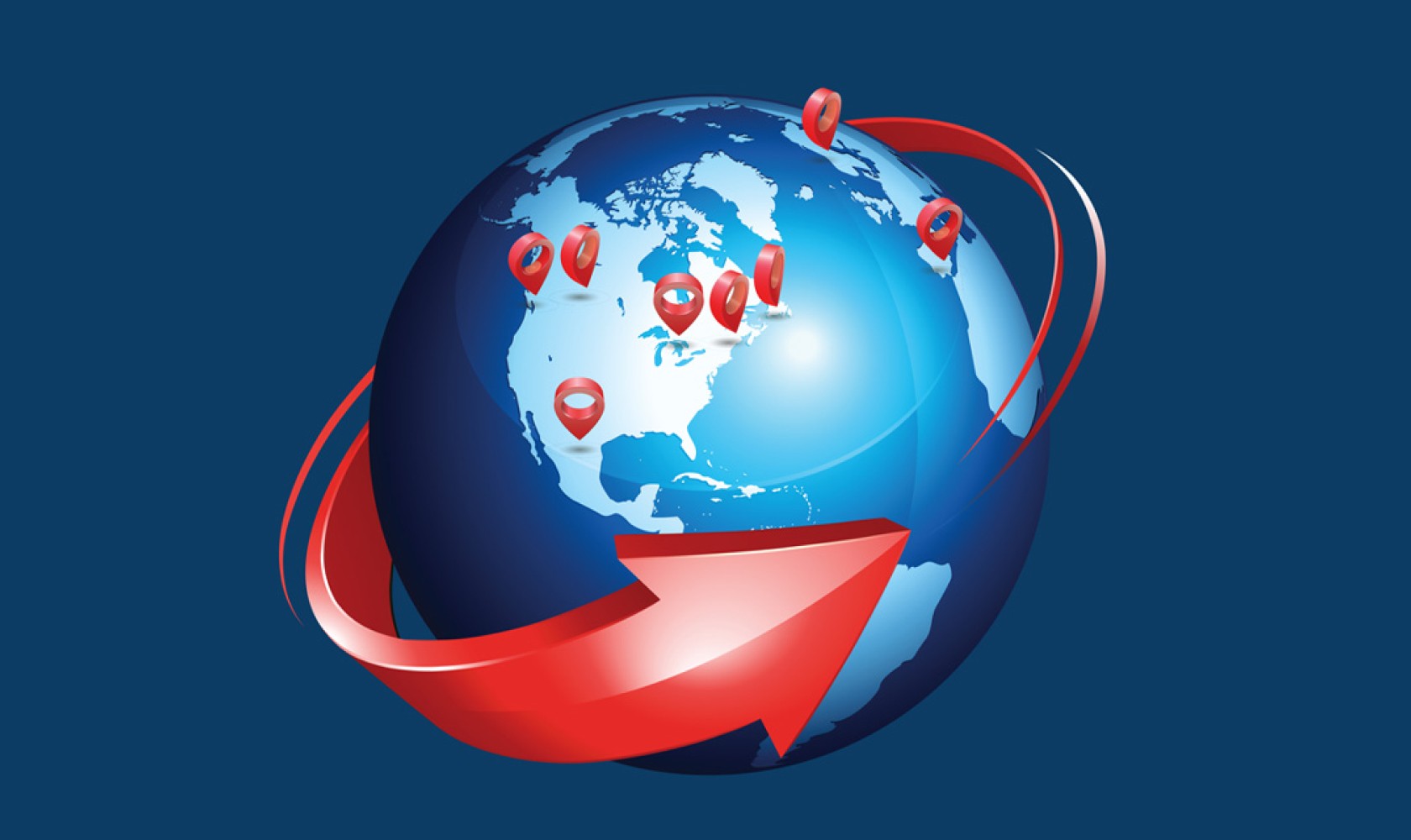 A red arrow wraps around the globe. Several red pins mark locations on the globe, illustrating the speed and global range of MoneyGram.