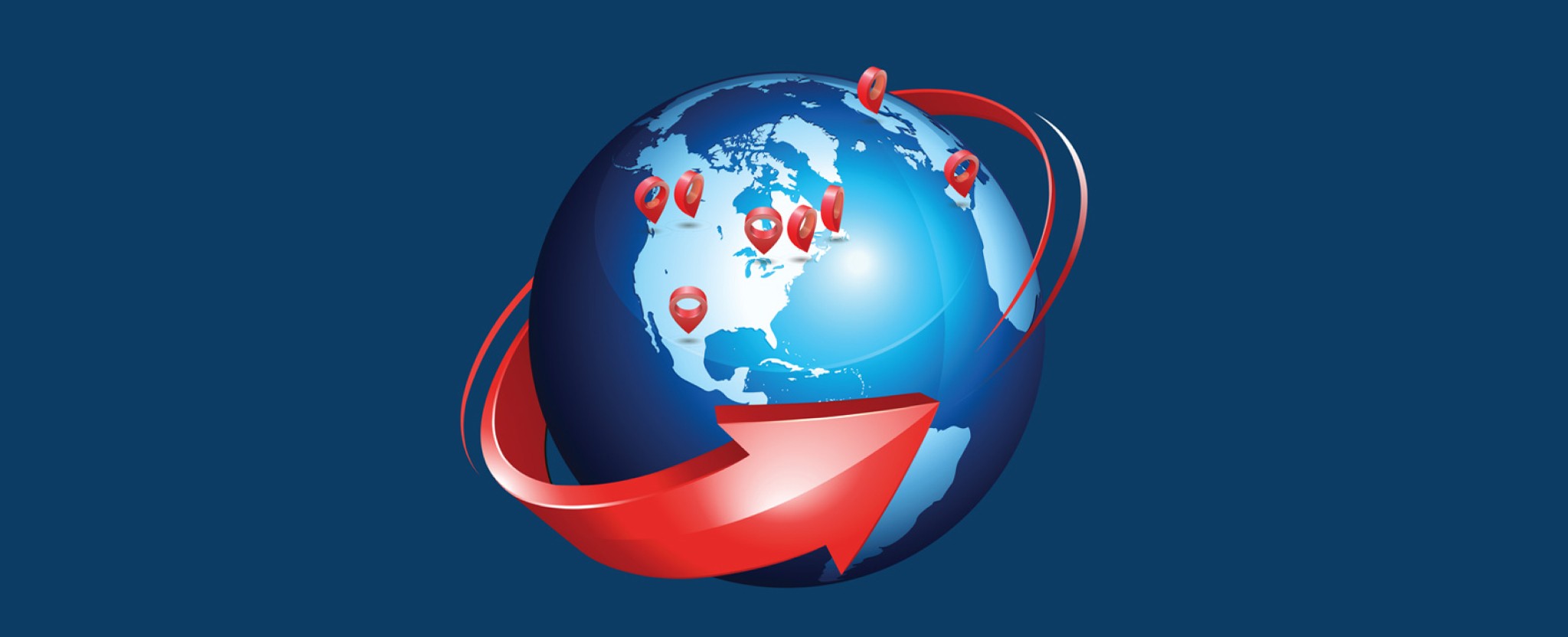A red arrow wraps around the globe. Several red pins mark locations on the globe, illustrating the speed and global range of MoneyGram.