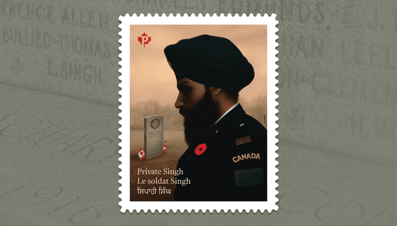 Stamp features a Canadian Sikh soldier paying his respects and reads “Private Singh” in English, French and Punjabi. It’s shown with a Cenotaph inscription in the background.