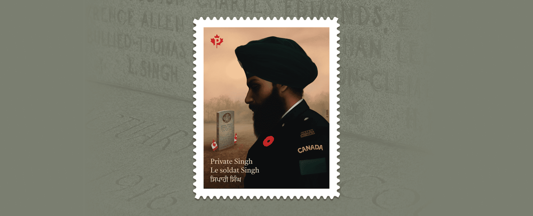 Stamp features a Canadian Sikh soldier paying his respects and reads “Private Singh” in English, French and Punjabi. It’s shown with a Cenotaph inscription in the background.