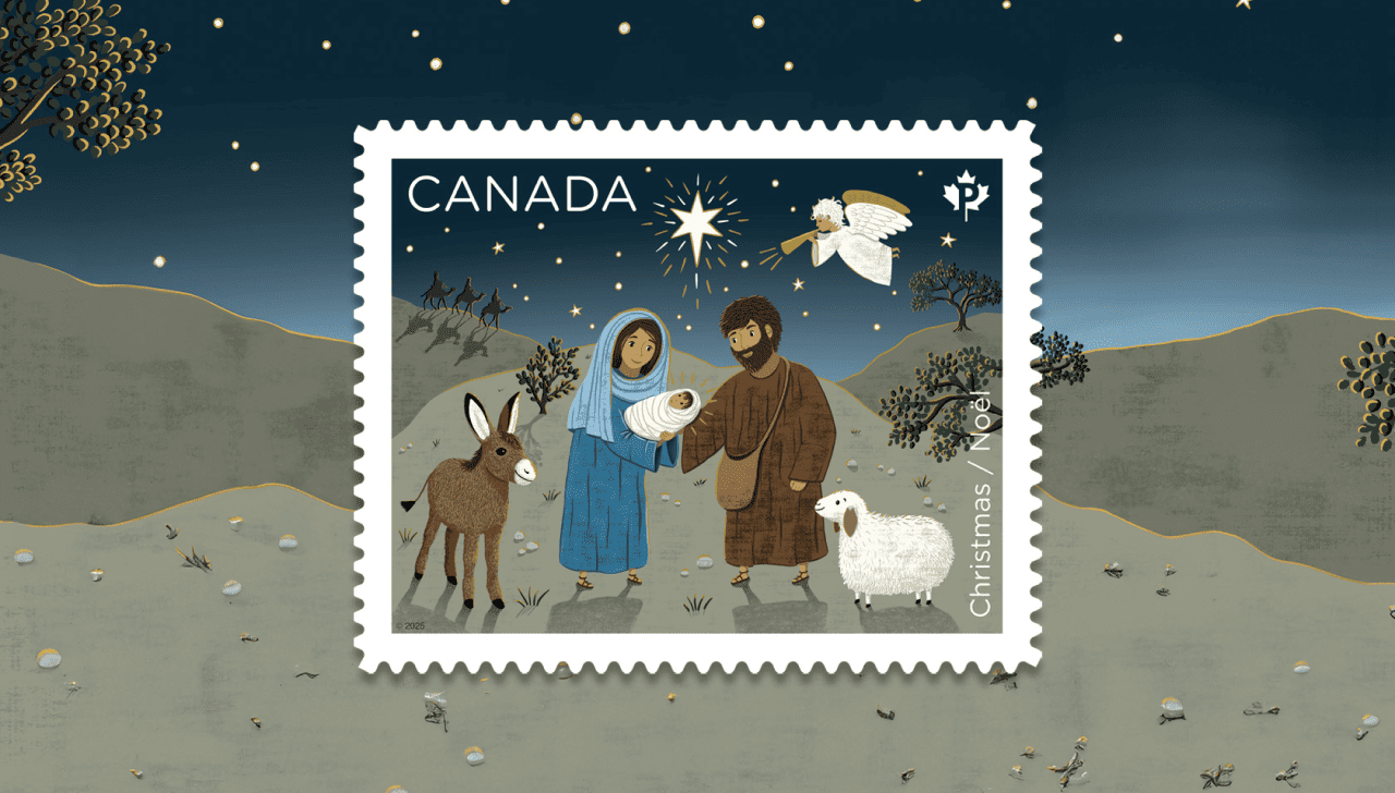 A whimsical illustration of the Nativity scene, with Mary, Joseph and baby Jesus under the star of Bethlehem and an angel.