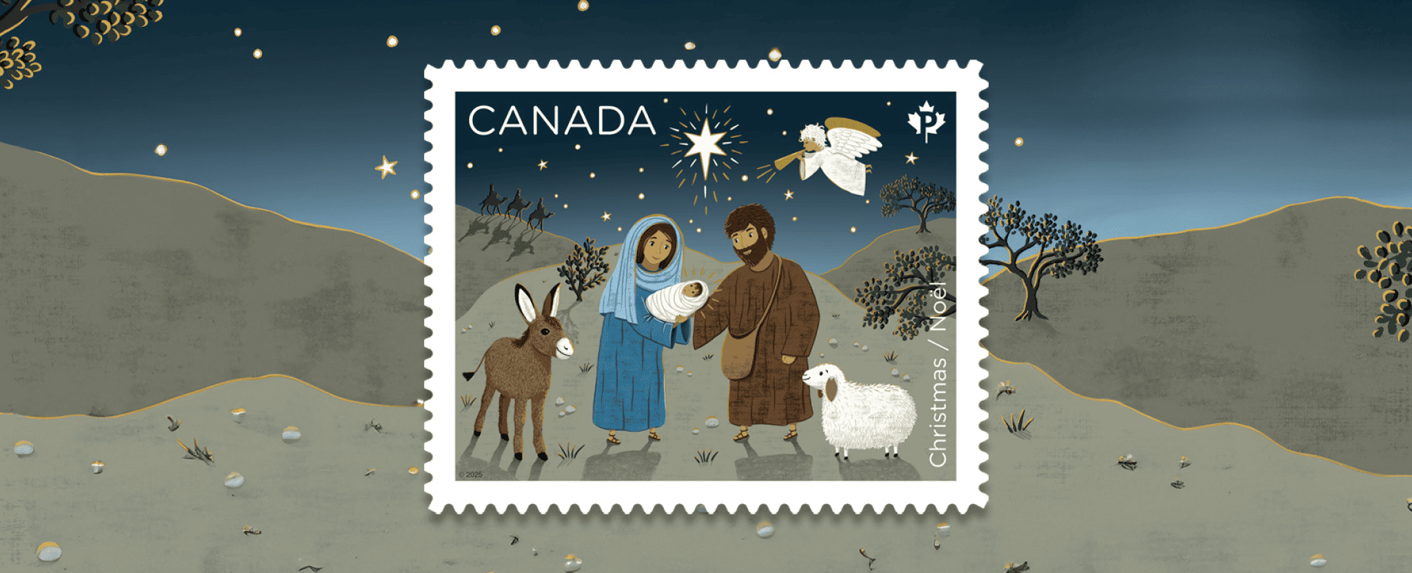 A whimsical illustration of the Nativity scene, with Mary, Joseph and baby Jesus under the star of Bethlehem and an angel.
