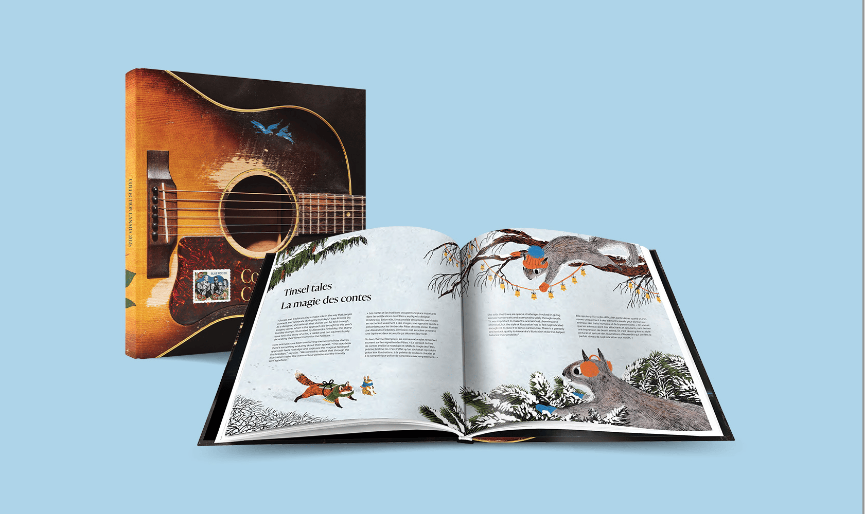 The cover of Collection Canada 2025 features an image of a guitar and the Blue Rodeo stamp. The book is shown open to the Tinsel Tales stamp story.