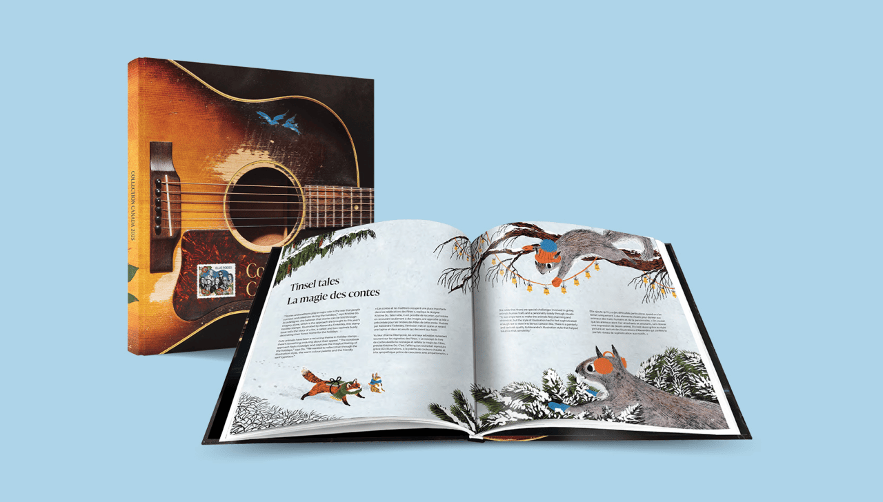 The cover of Collection Canada 2025 features an image of a guitar and the Blue Rodeo stamp. The book is shown open to the Tinsel Tales stamp story.