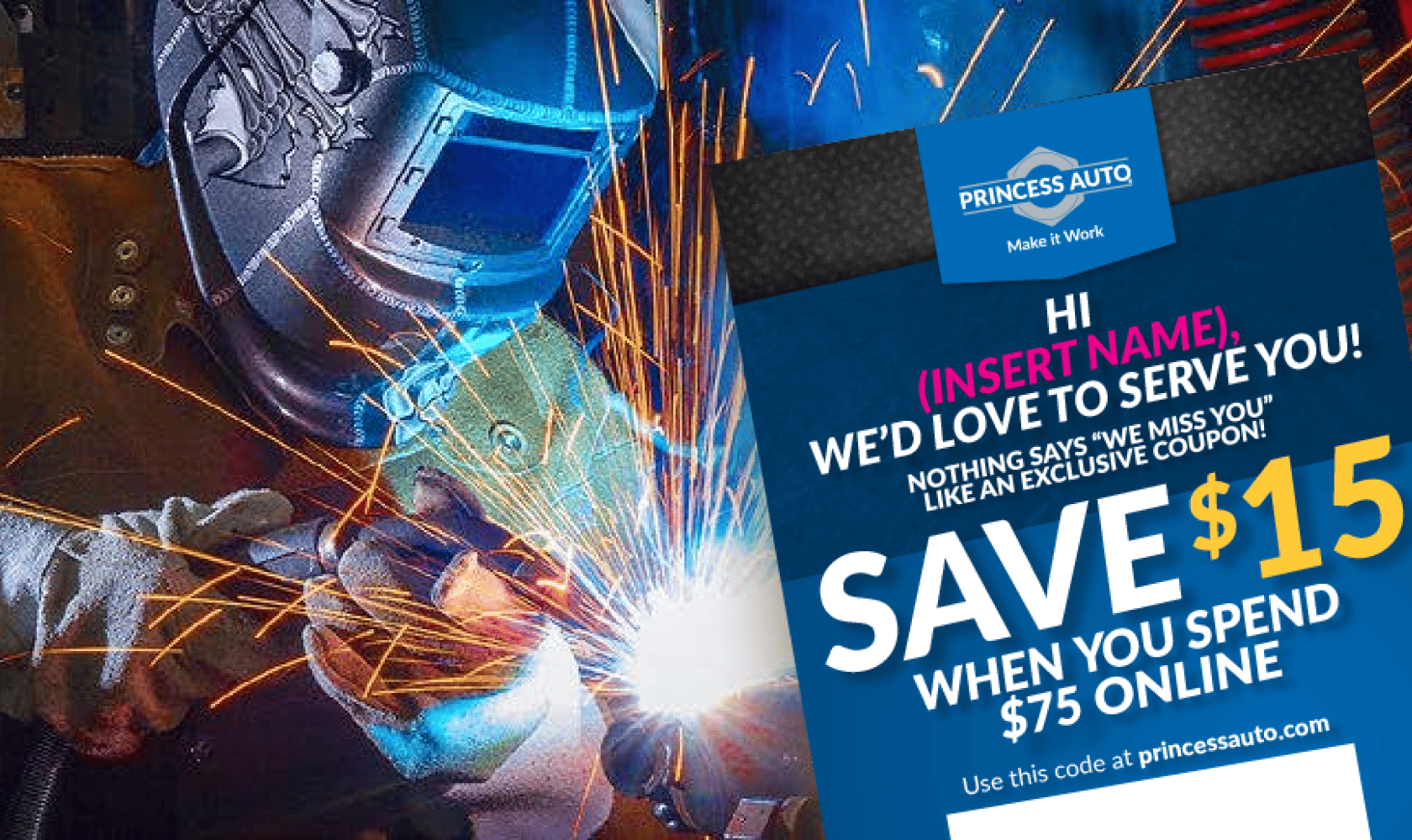 Princess Auto Personalized Mail card offering returning customers an online coupon code.