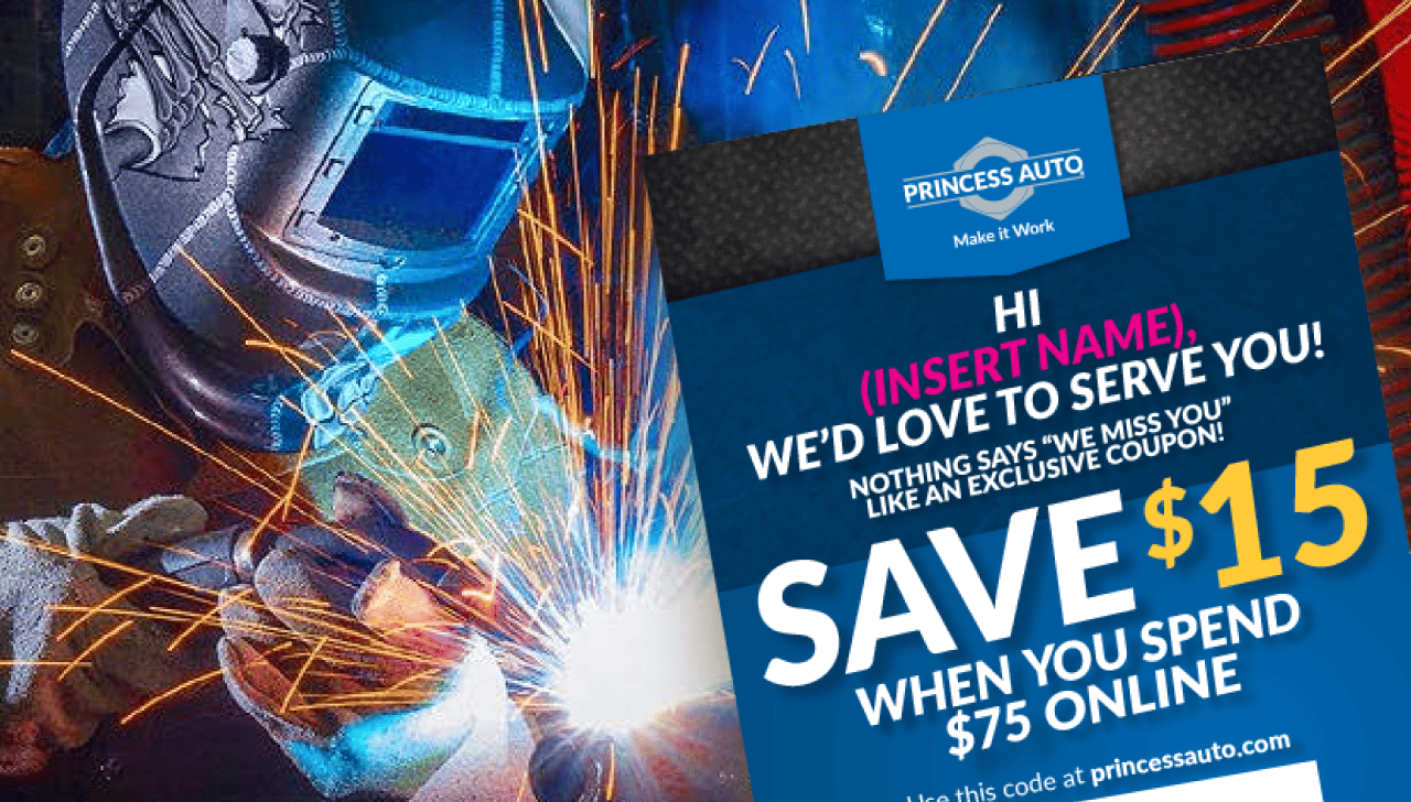 Princess Auto Personalized Mail card offering returning customers an online coupon code.