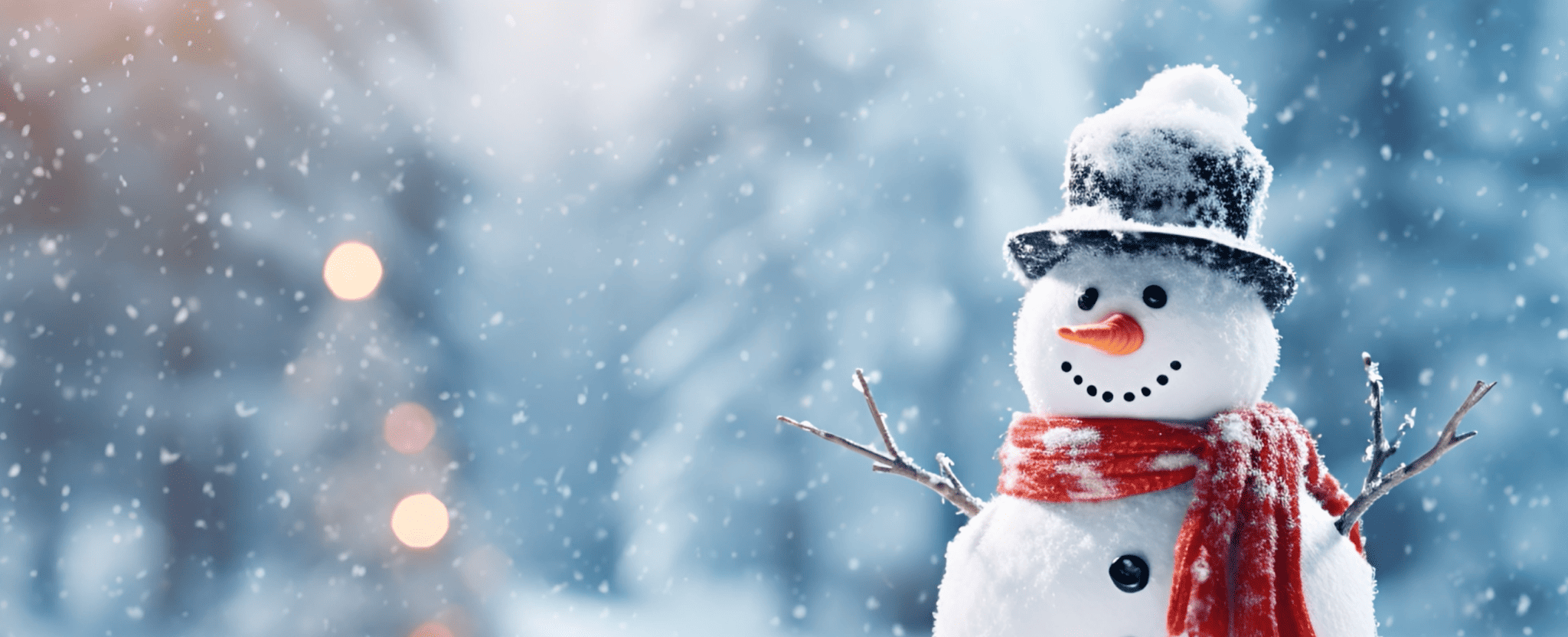 Cheerful snowman with top hat, red scarf and carrot nose standing in falling snow.
