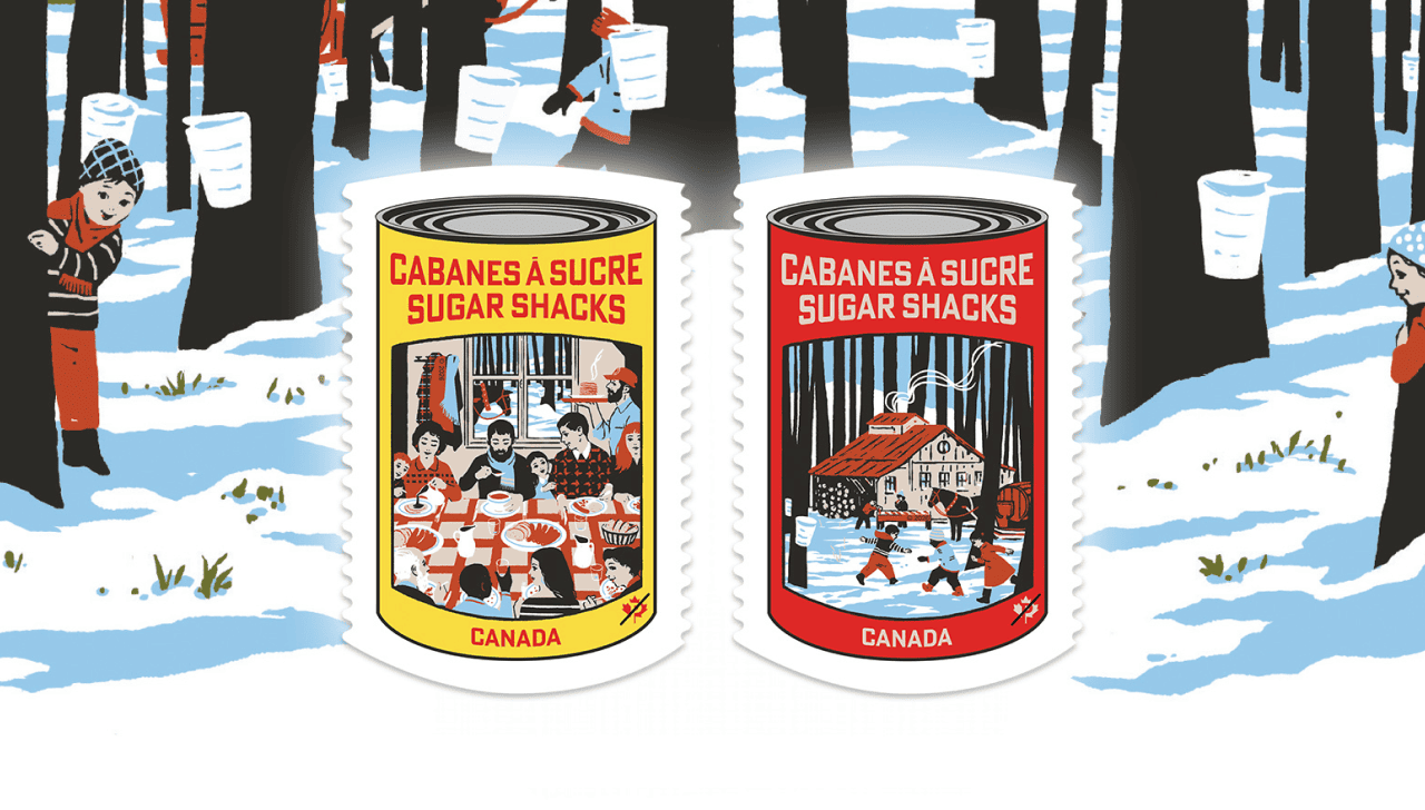 Two colourful maple syrup can–shaped stamps showing sugaring off season in a folk art style inspired by 1940s–1950s commercial imagery.