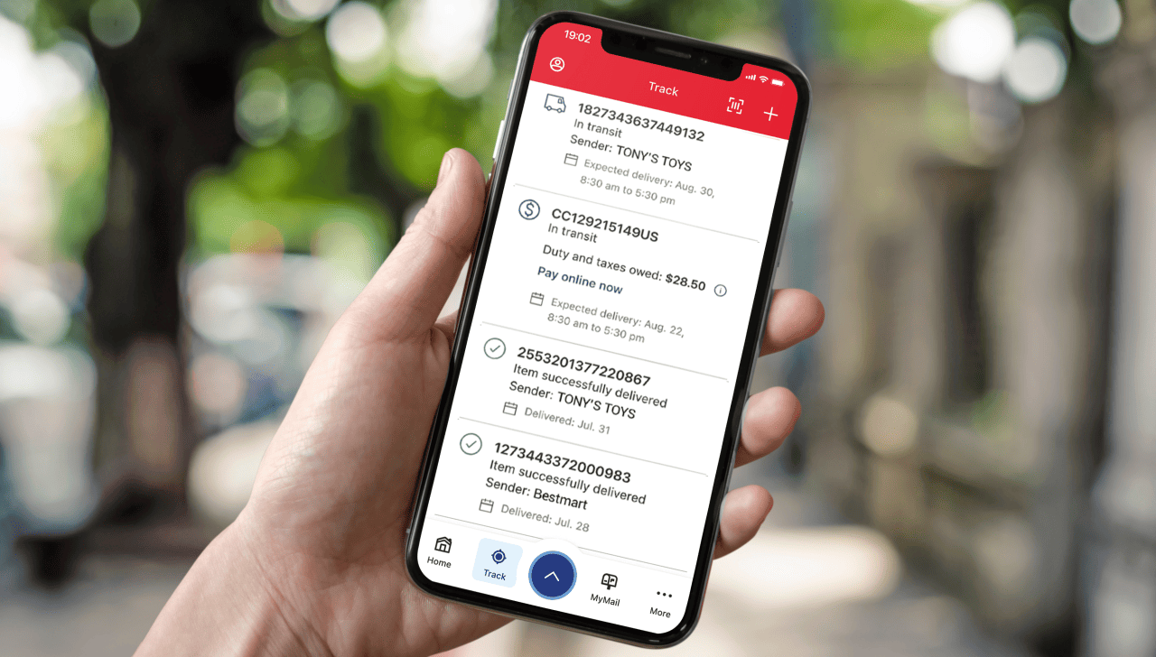 A cell phone screen displays the Track screen of the Canada Post app with a list of incoming and delivered items.