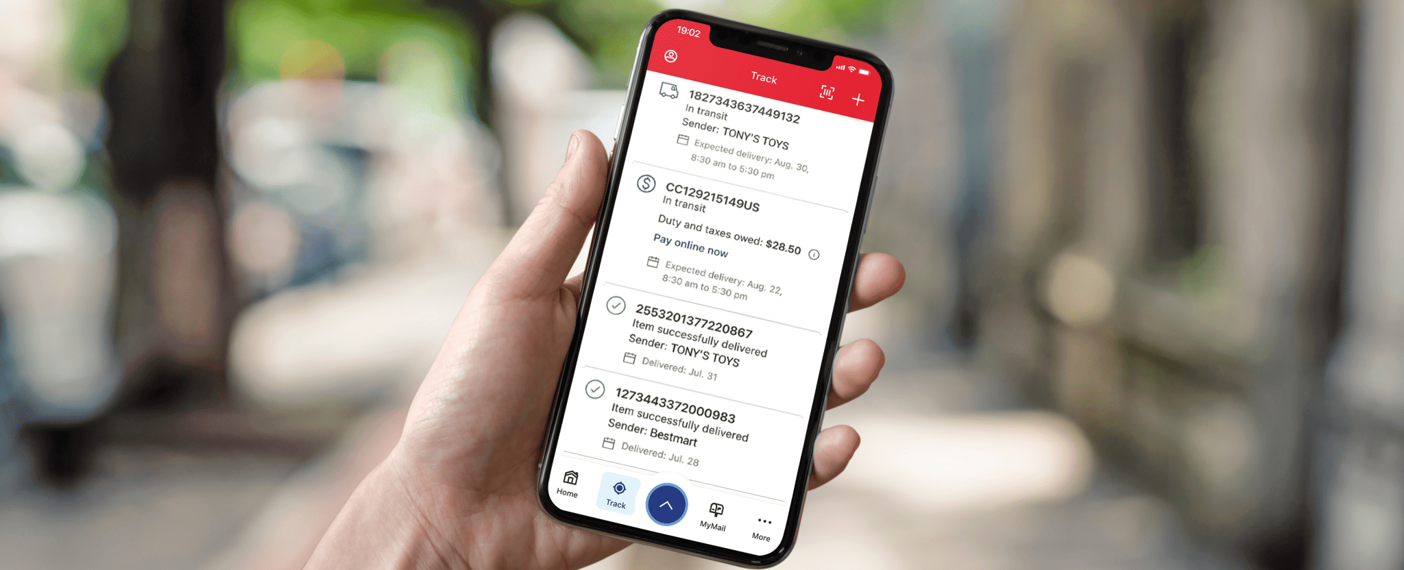 A cell phone screen displays the Track screen of the Canada Post app with a list of incoming and delivered items.