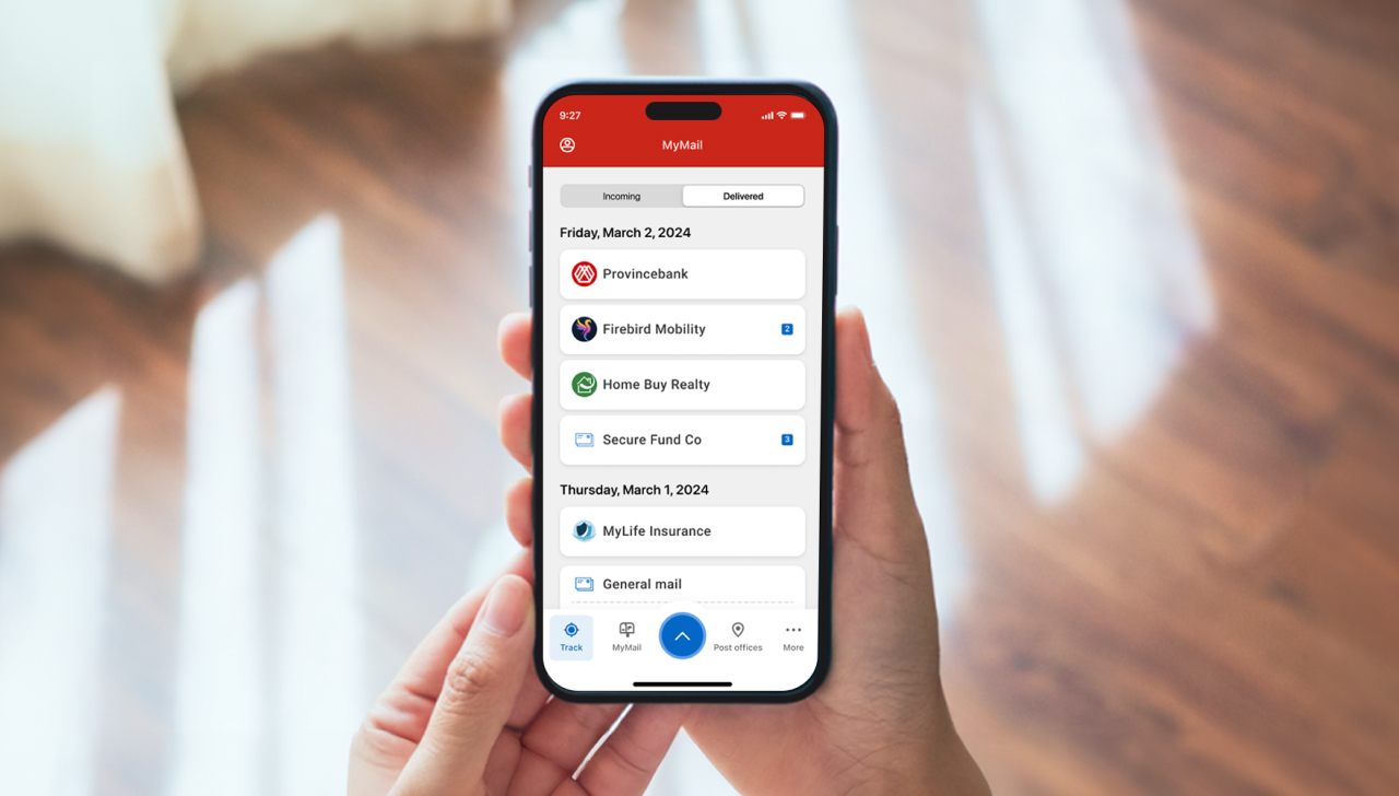 A cell phone screen displays the MyMail page of the Canada Post app. The header tabs show options for “Incoming” and “Delivered” mail.