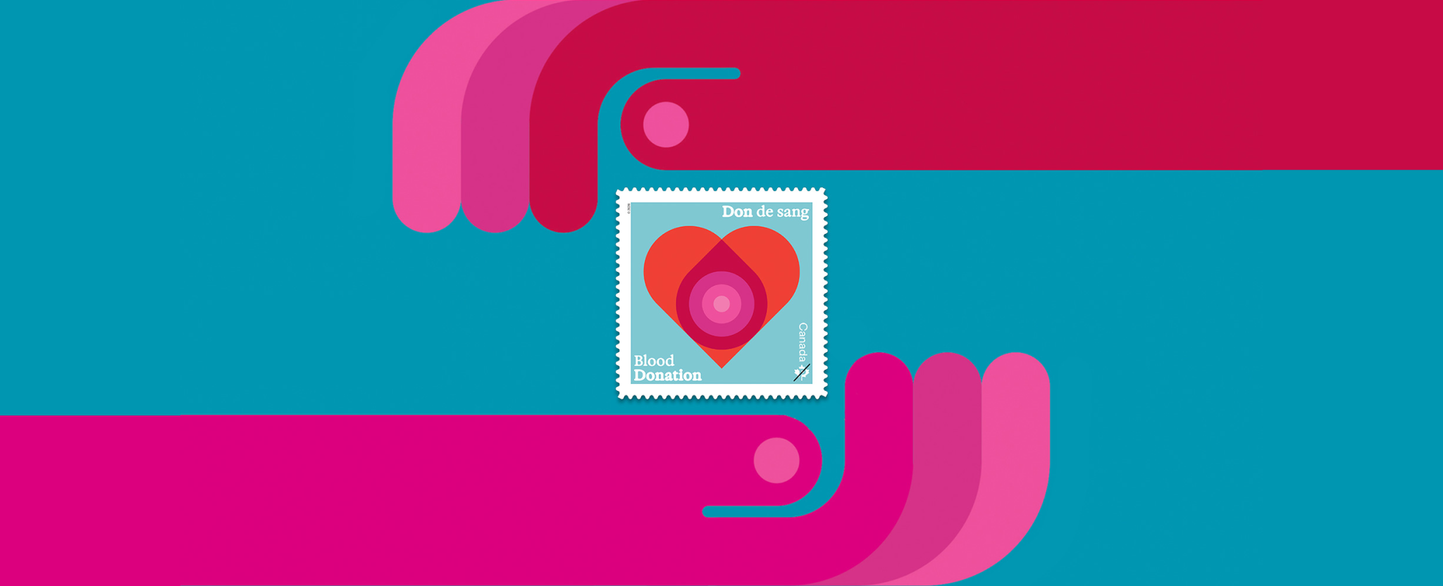 Abstract illustration of 2 curved hands framing a postage stamp with a red heart and the text “Don de sang / Blood Donation” on a teal background.