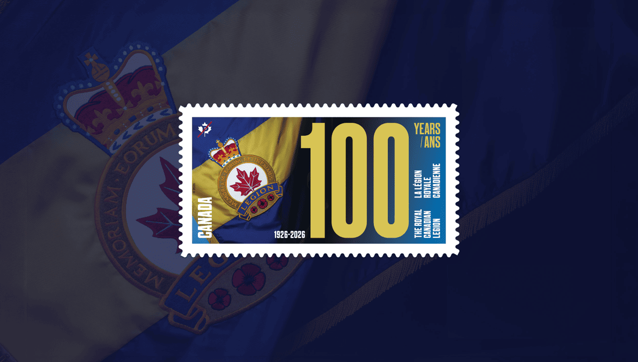 Royal Canadian Legion banner and crest beside large gold “100” marking the Legion’s 100th anniversary, 1926–2026.