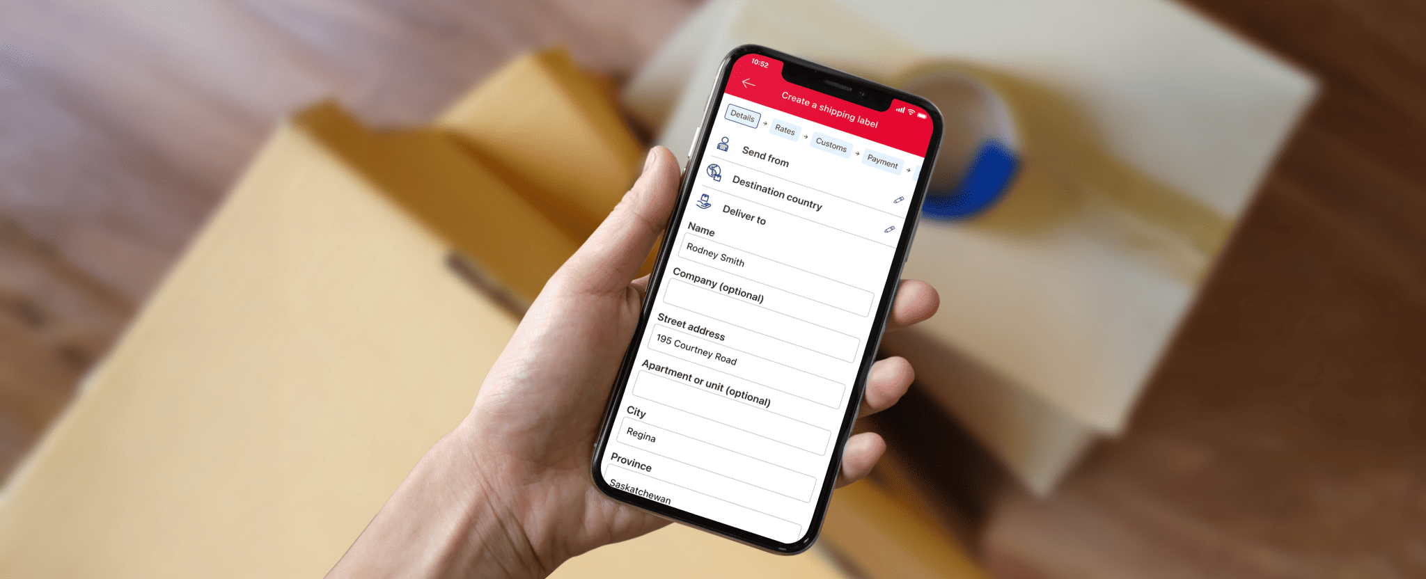 A smartphone displays the Canada Post app “Create a shipping label” page with sender, destination country and address fields.