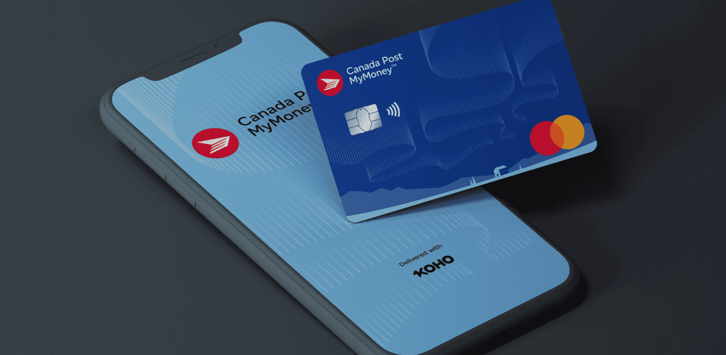The Canada Post MyMoney card sits on a smartphone screen. The screen says “Canada Post MyMoney, delivered with KOHO”.