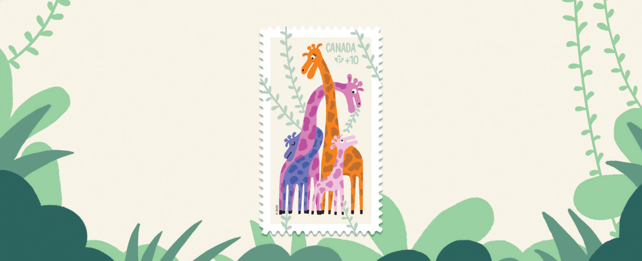 The 2025 Community Foundation stamp features an illustration of giraffes caring for their young.