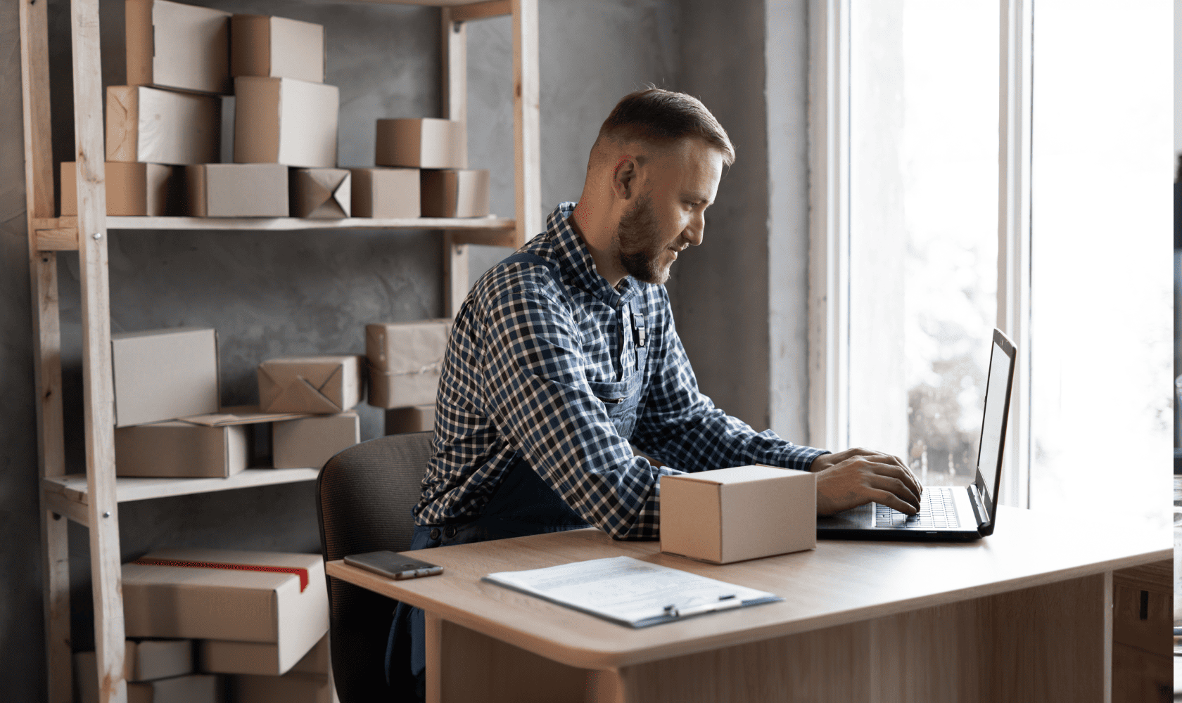 A man sits at a desk and types on a laptop in a room full of boxes.