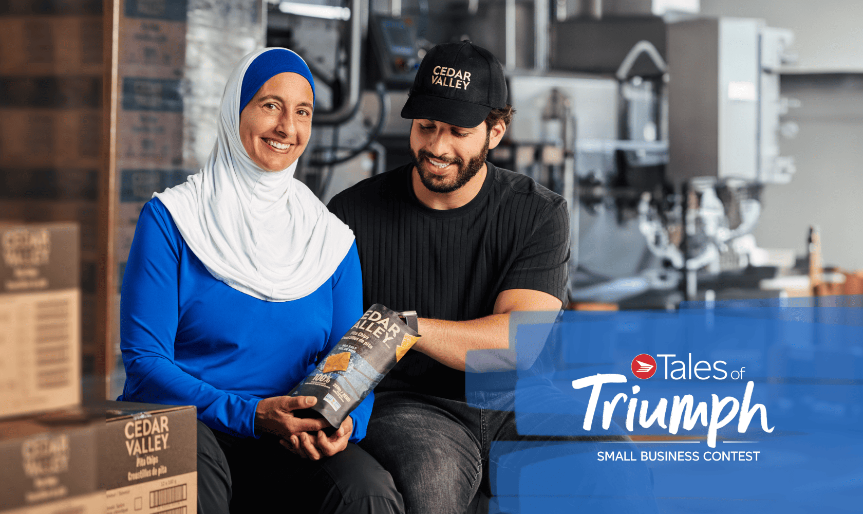 'Tales of Triumph Small Business Contest'. Surria Fadel and Ameen Fadel, Co-Founders, Cedar Valley, smile and eat one of their products together.