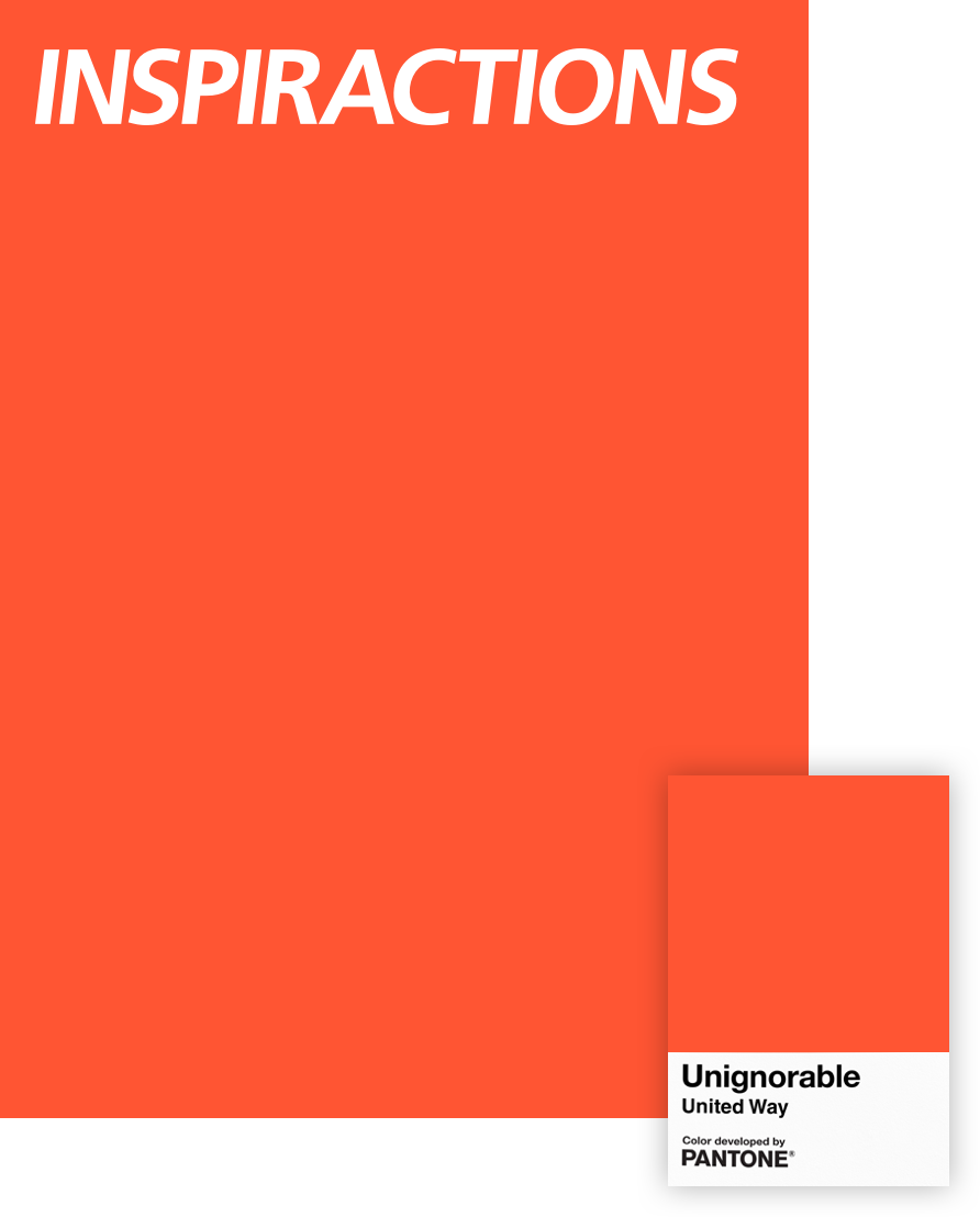 Couverture du magazine INSPIRACTIONS d’une couleur rouge orangé créée par Pantone. Le mot INSPIRACTIONS est inscrit en majuscules dans le coin supérieur gauche. Dans le coin inférieur droit, à côté du magazine, se trouve un échantillon de la même couleur sur laquelle est indiqué UNIGNORABLE.